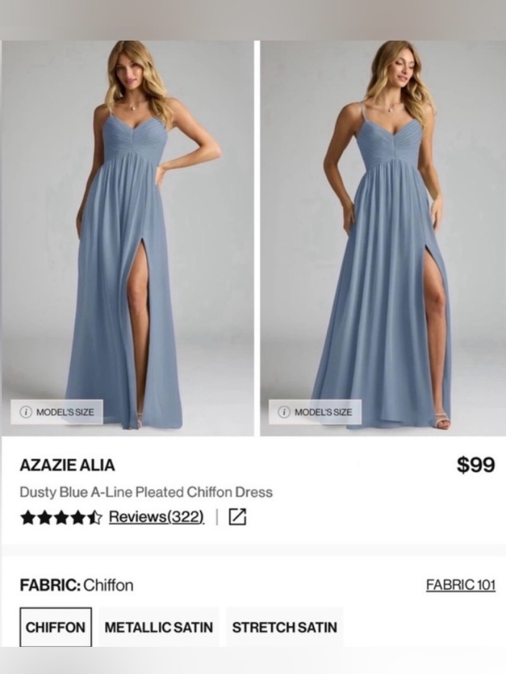 Azazie Alia Dusty Blue A-Line Pleated Chiffon Dress - Size 8